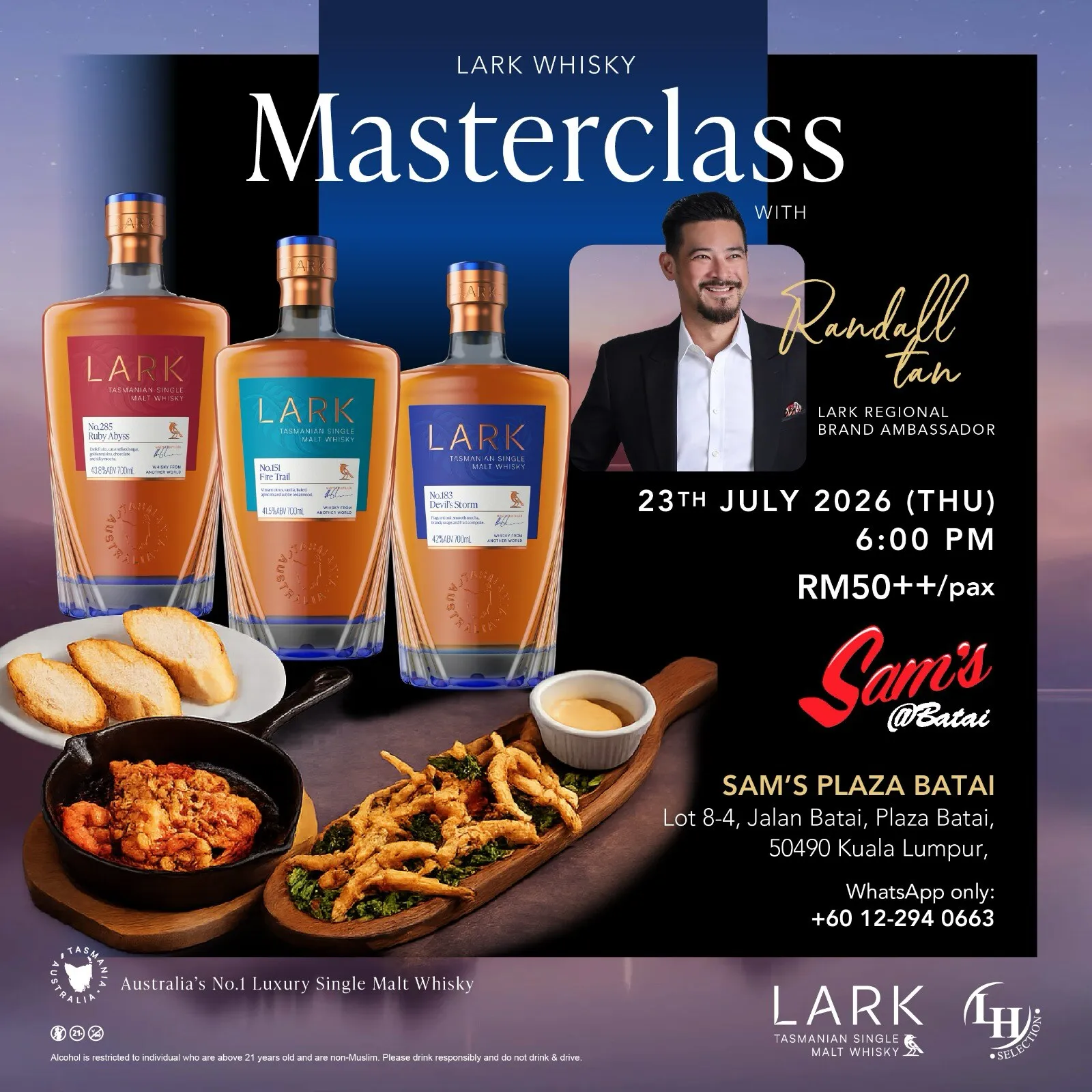 LARK Whisky Masterclass at Sam's @ Batai with Randall Tan, LARK Regional Brand Ambassador — Thursday 23 July 2026, 6:00PM, RM50++ per pax.
