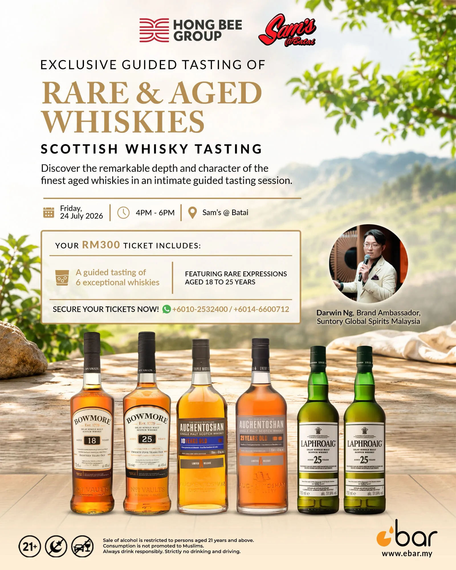 Exclusive guided tasting of rare & aged whiskies at Sam's @ Batai — Friday 24 July 2026, 4–6PM. Six Scotch whiskies aged 18 to 25 years, RM300 per ticket.